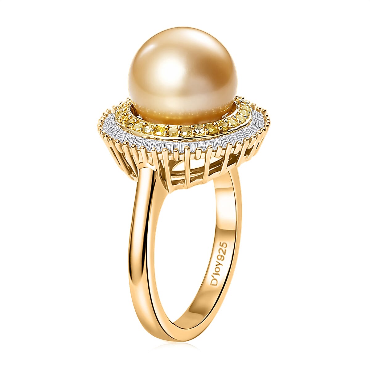 D'Joy South Sea Golden Cultured Pearl, Yellow and White Diamond 0.50 ctw Sunrays Ring in 18K Vermeil Yellow Gold Over Sterling Silver (Size 7.0) image number 3