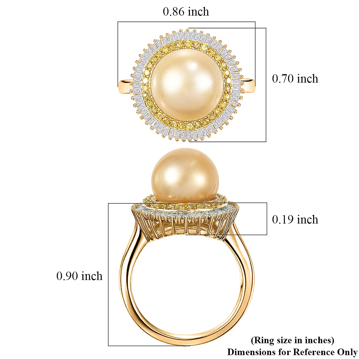 D'Joy South Sea Golden Cultured Pearl, Yellow and White Diamond 0.50 ctw Sunrays Ring in 18K Vermeil Yellow Gold Over Sterling Silver (Size 7.0) image number 5