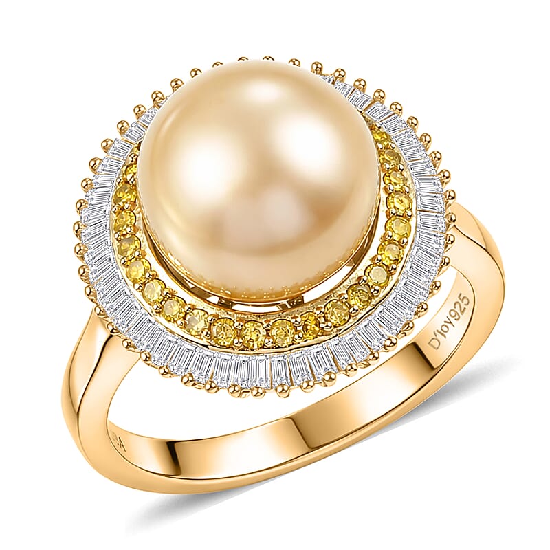D'Joy South Sea Golden Cultured Pearl, Yellow and White Diamond 0.50 ctw Sunrays Ring in 18K Vermeil Yellow Gold Over Sterling Silver (Size 8.0)