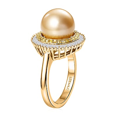 D'Joy South Sea Golden Cultured Pearl, Yellow and White Diamond 0.50 ctw Sunrays Ring in 18K Vermeil Yellow Gold Over Sterling Silver (Size 9.0)