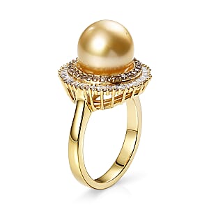 D&rsquo;Joy South Sea Golden Cultured Pearl, Natural Champagne and White Diamond 0.50 ctw Sunrays Ring in 18K Vermeil Yellow Gold Over Sterling Silver (Size 10.0)
