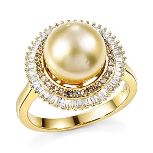 D'Joy South Sea Golden Cultured Pearl, Natural Champagne and White Diamond 0.50 ctw Sunrays Ring in 18K Vermeil Yellow Gold Over Sterling Silver (Size 7.0)