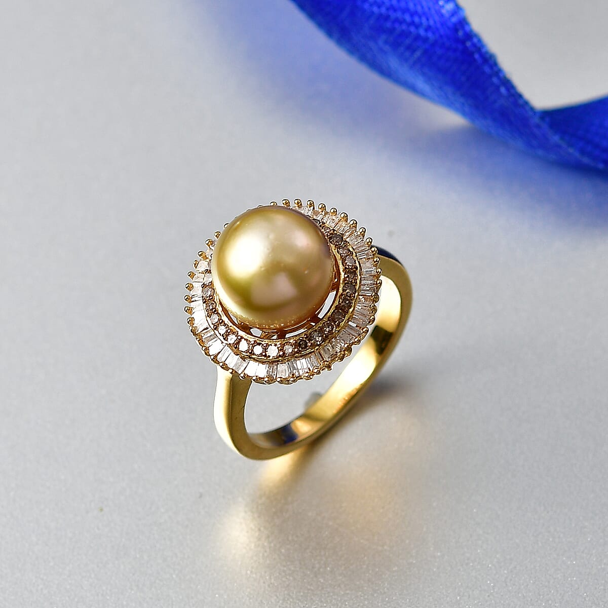 D'Joy South Sea Golden Cultured Pearl, Natural Champagne and White Diamond 0.50 ctw Sunrays Ring in 18K Vermeil Yellow Gold Over Sterling Silver (Size 7.0) image number 1