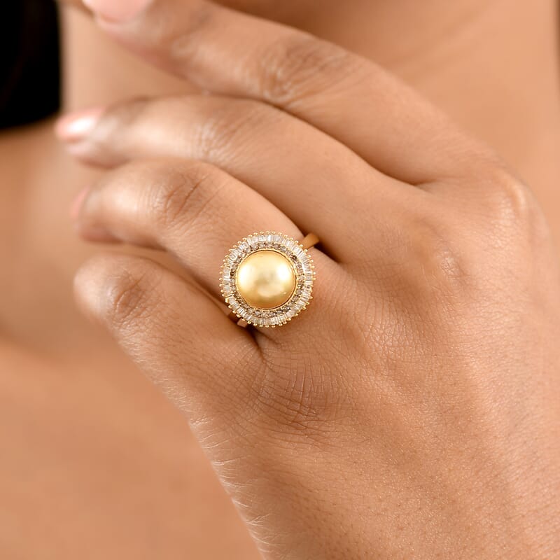 D'Joy South Sea Golden Cultured Pearl, Natural Champagne and White Diamond 0.50 ctw Sunrays Ring in 18K Vermeil Yellow Gold Over Sterling Silver (Size 7.0)