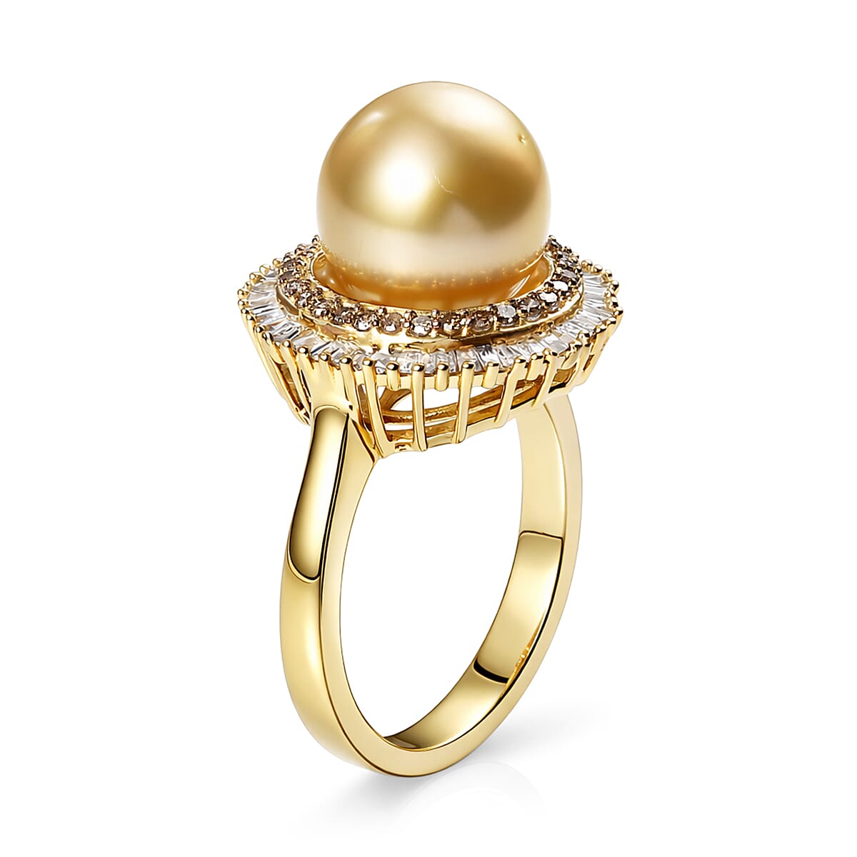 D'Joy South Sea Golden Cultured Pearl, Natural Champagne and White Diamond 0.50 ctw Sunrays Ring in 18K Vermeil Yellow Gold Over Sterling Silver (Size 7.0)
