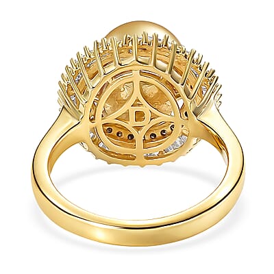 D'Joy South Sea Golden Cultured Pearl, Natural Champagne and White Diamond 0.50 ctw Sunrays Ring in 18K Vermeil Yellow Gold Over Sterling Silver (Size 7.0)