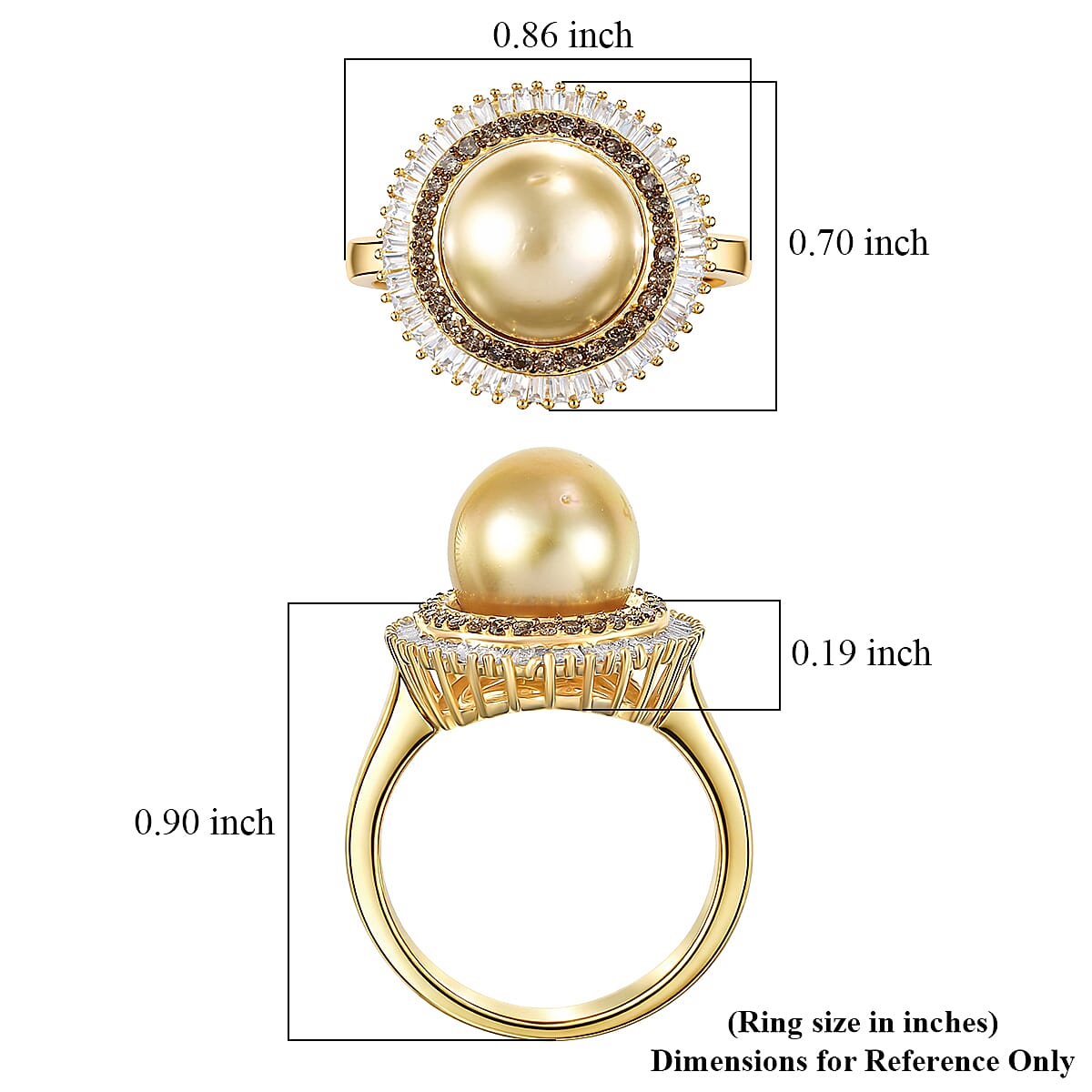 D'Joy South Sea Golden Cultured Pearl, Natural Champagne and White Diamond 0.50 ctw Sunrays Ring in 18K Vermeil Yellow Gold Over Sterling Silver (Size 7.0)
