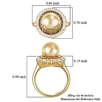D'Joy South Sea Golden Cultured Pearl, Natural Champagne and White Diamond 0.50 ctw Sunrays Ring in 18K Vermeil Yellow Gold Over Sterling Silver (Size 7.0)