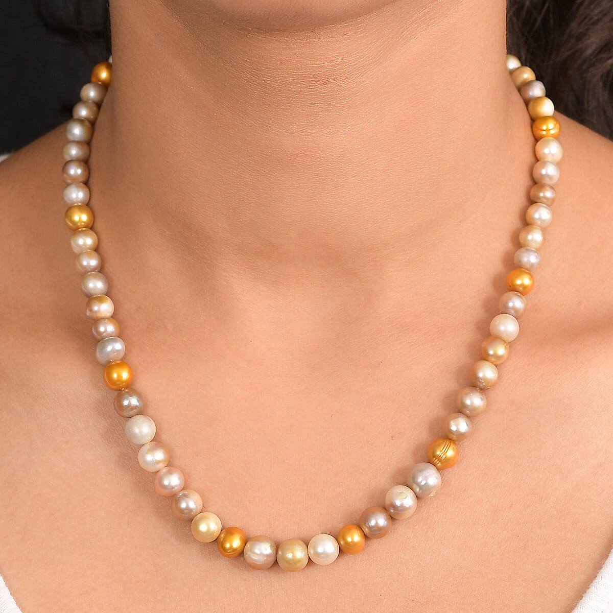 Golden Dyed Pearl and Multi Color Dyed Pearl Necklace in Stainless Steel 18 Inches image number 2