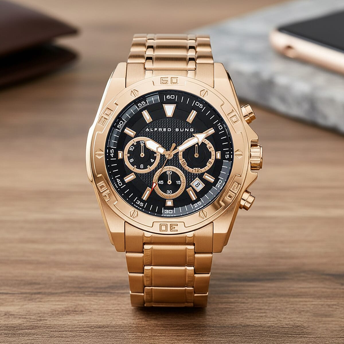 Closeout Alfred Sung ION Plated Rose Gold Japanese Movement Watch image number 1