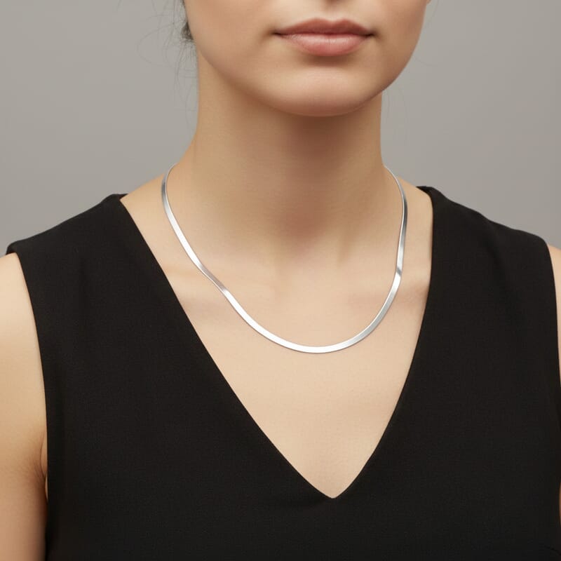 Italian Herringbone Chain Necklace in Rhodium Over Sterling Silver 10.35 Grams 20 Inches