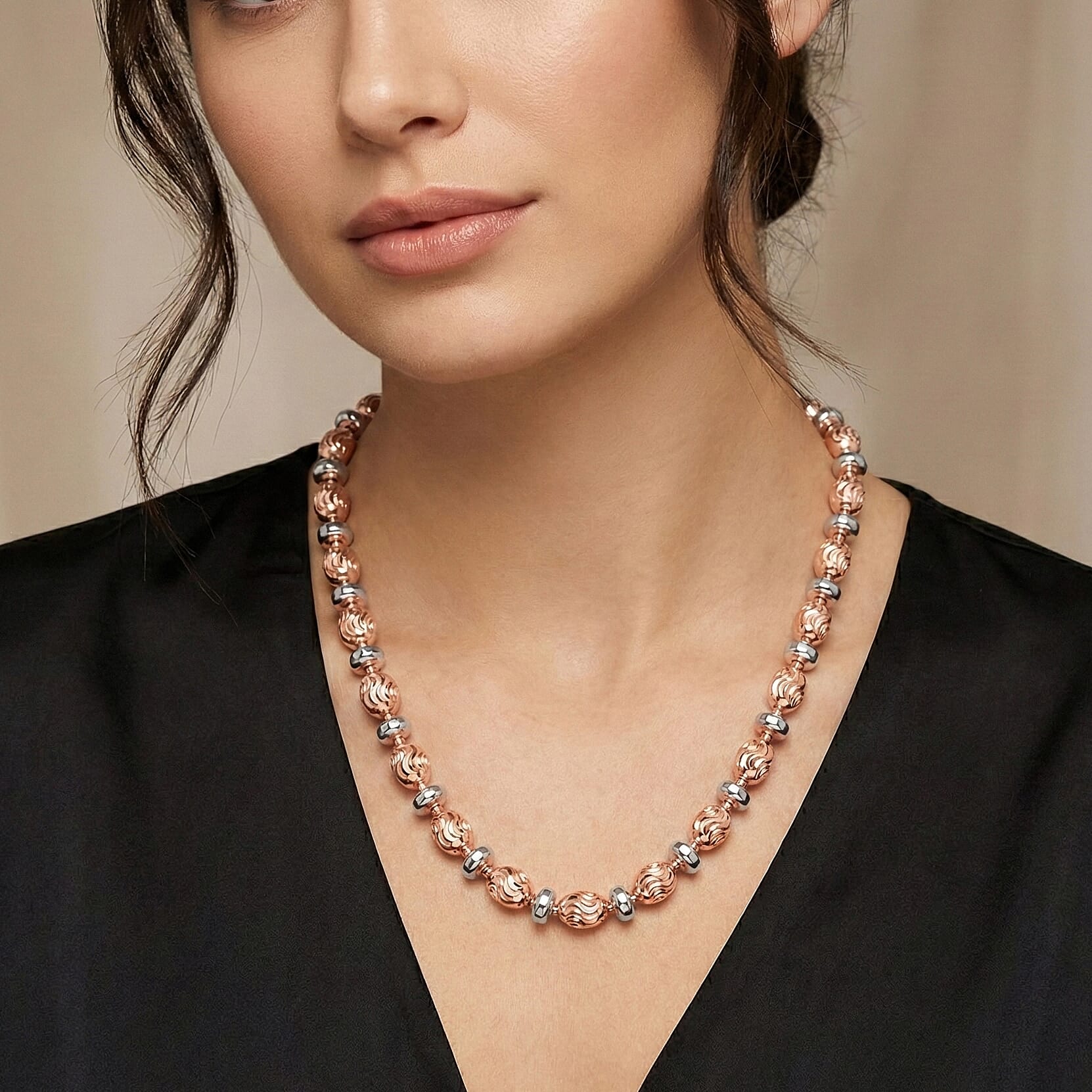 Italian 14K RG Over Sterling Silver Moon-cut Beaded Chain Necklace (20 Inches) (16.17 Grams)