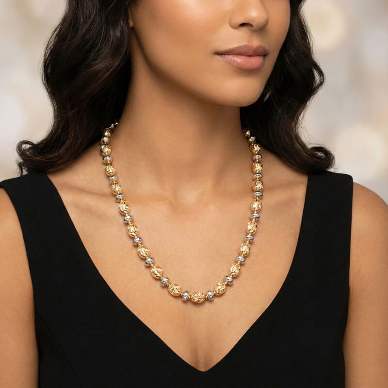 Italian 14K YG Over and Sterling Silver Moon-cut Beaded Chain Necklace (20 Inches) (16.39 Grams)