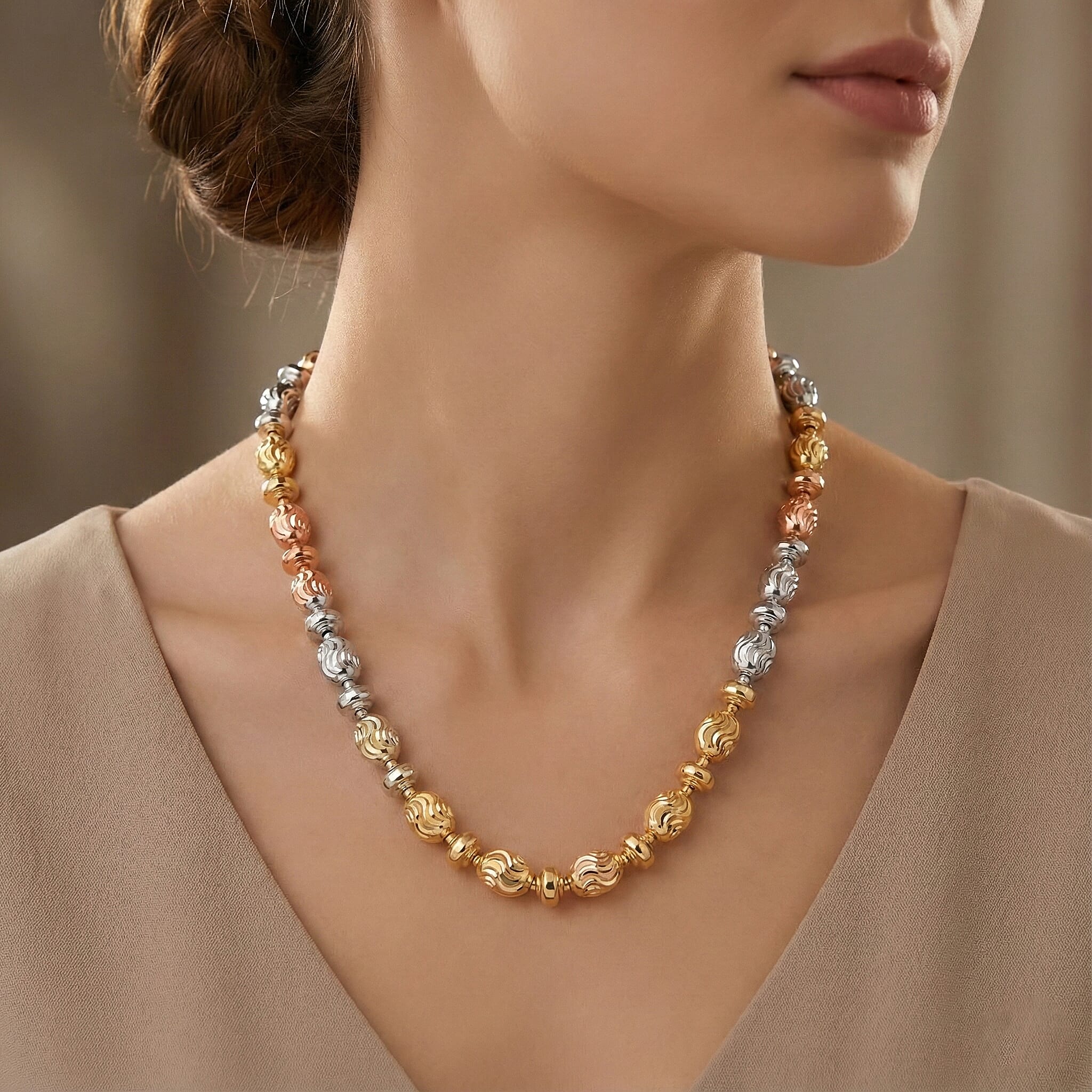 Italian 14K YRG Over and Sterling Silver Moon-cut Beaded Chain Necklace (20 Inches) (15.86 Grams)
