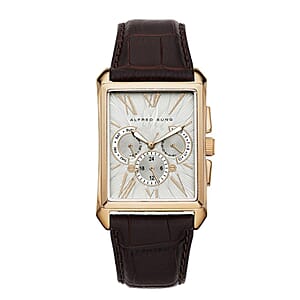 Closeout Alfred Sung ION Plated Rose Gold Japanese Movement Watch with Brown Genuine Leather Strap