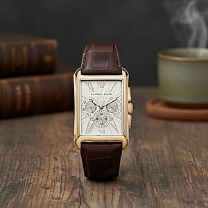 Closeout Alfred Sung ION Plated Rose Gold Japanese Movement Watch with Brown Genuine Leather Strap