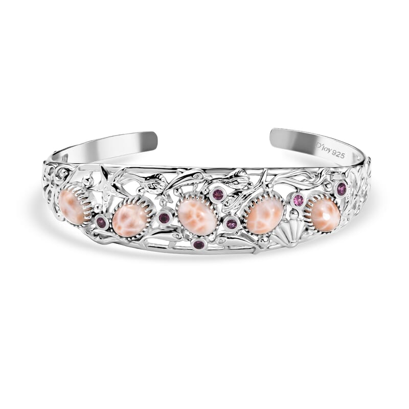 D'Joy Premium Natrolite and Orissa Rhodolite Garnet 10.65 ctw Cuff Bangle Bracelet in Rhodium Over Sterling Silver