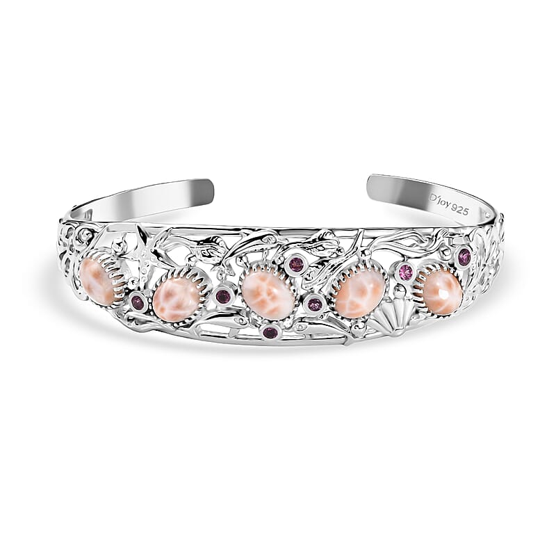 D'Joy Premium Natrolite and Orissa Rhodolite Garnet 10.65 ctw Cuff Bangle Bracelet in Rhodium Over Sterling Silver