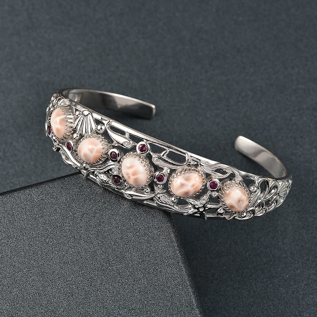 D&rsquo;Joy Premium Natrolite and Orissa Rhodolite Garnet 10.65 ctw Cuff Bangle Bracelet in Rhodium Over Sterling Silver image number 1