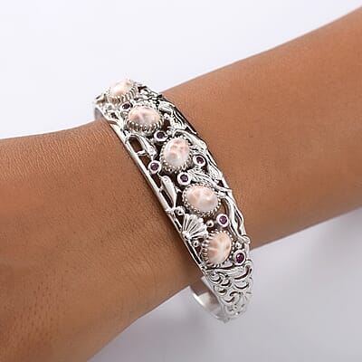D'Joy Premium Natrolite and Orissa Rhodolite Garnet 10.65 ctw Cuff Bangle Bracelet in Rhodium Over Sterling Silver
