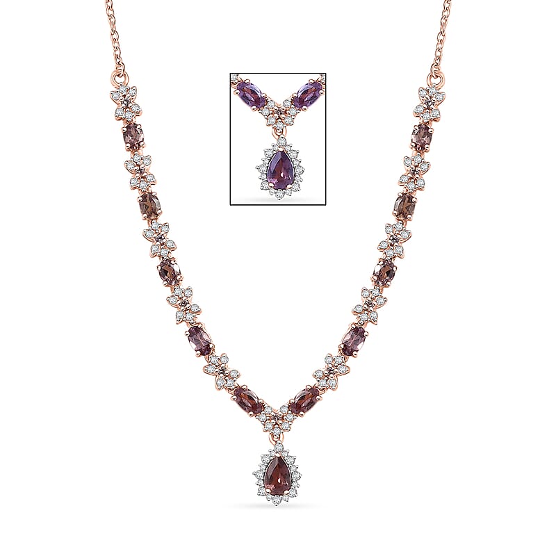 D'Joy Madagascar Color Change Garnet and White Zircon 4.25 ctw Floral Necklace 18 Inches in 18K Vermeil Rose Gold Over Sterling Silver