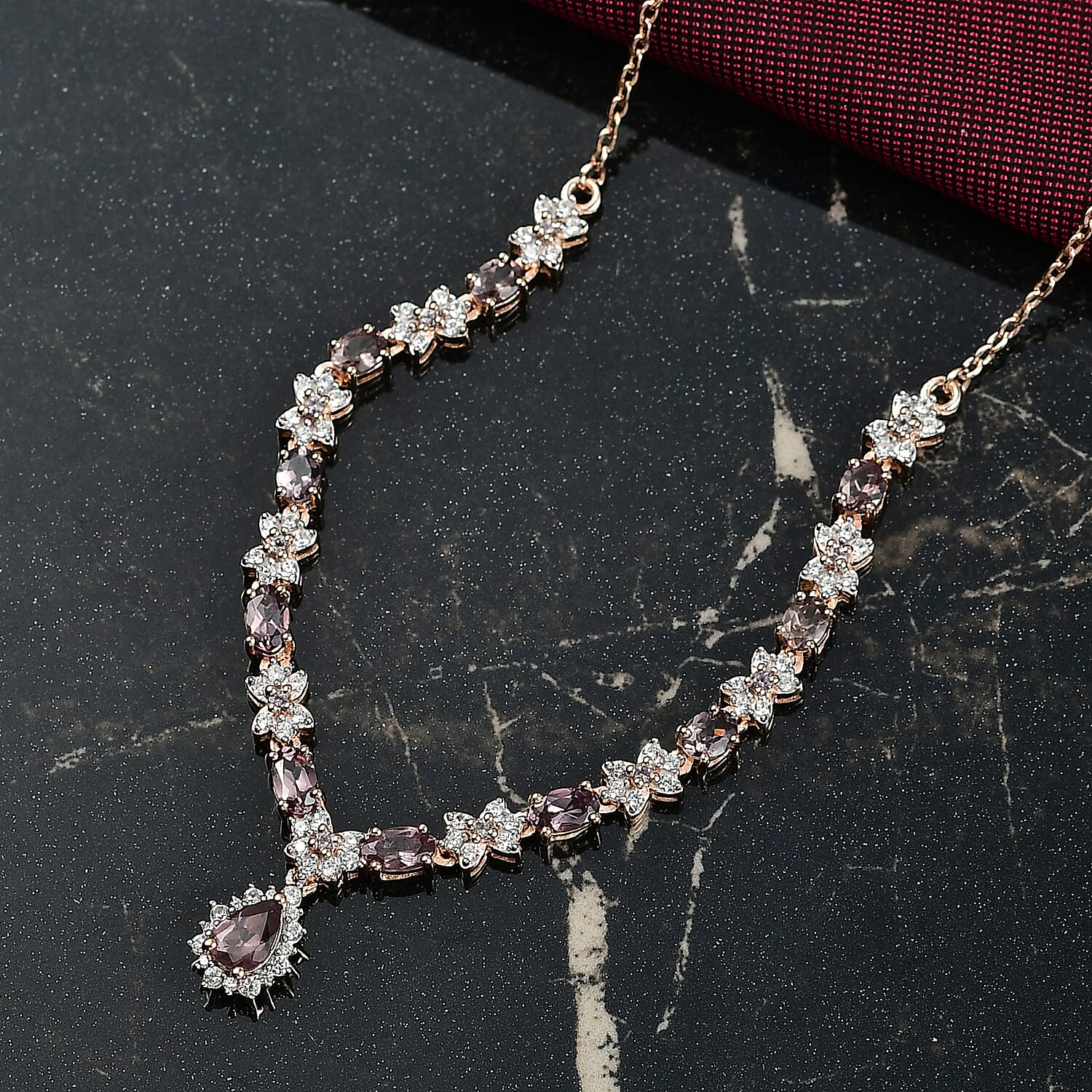 D'Joy Madagascar Color Change Garnet and White Zircon 4.25 ctw Floral Necklace 18 Inches in 18K Vermeil Rose Gold Over Sterling Silver