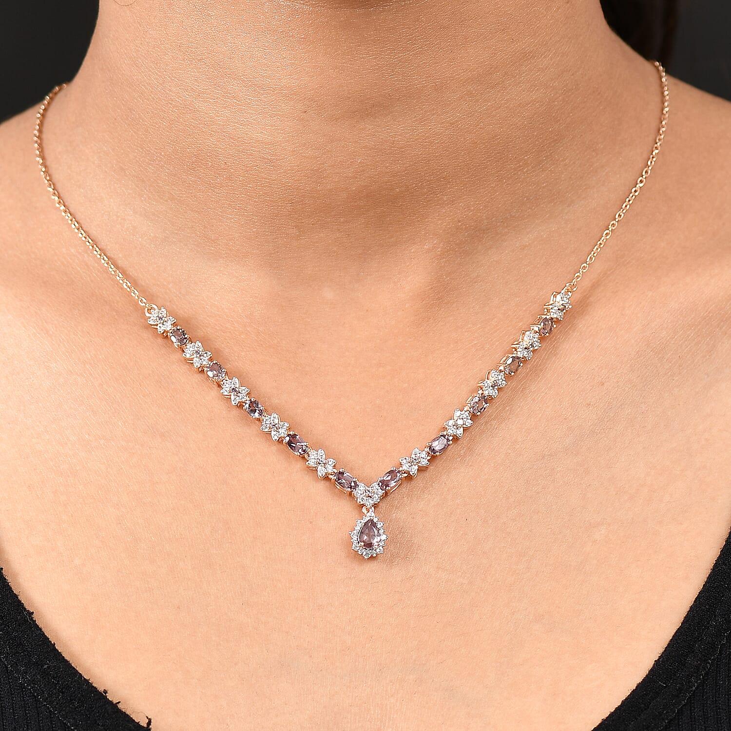 D'Joy Madagascar Color Change Garnet and White Zircon 4.25 ctw Floral Necklace 18 Inches in 18K Vermeil Rose Gold Over Sterling Silver