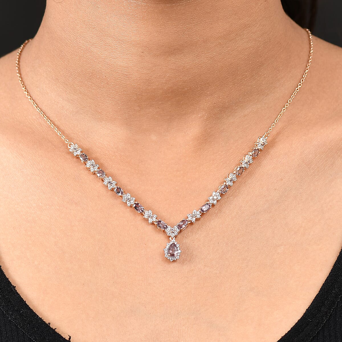 D'Joy Madagascar Color Change Garnet and White Zircon 4.25 ctw Floral Necklace 18 Inches in 18K Vermeil Rose Gold Over Sterling Silver image number 2