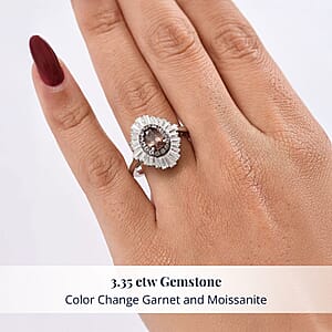 D'Joy Madagascar Color Change Garnet and Moissanite 3.35 ctw Starburst Elegance Ring in Rhodium Over Sterling Silver (Size 5.0)