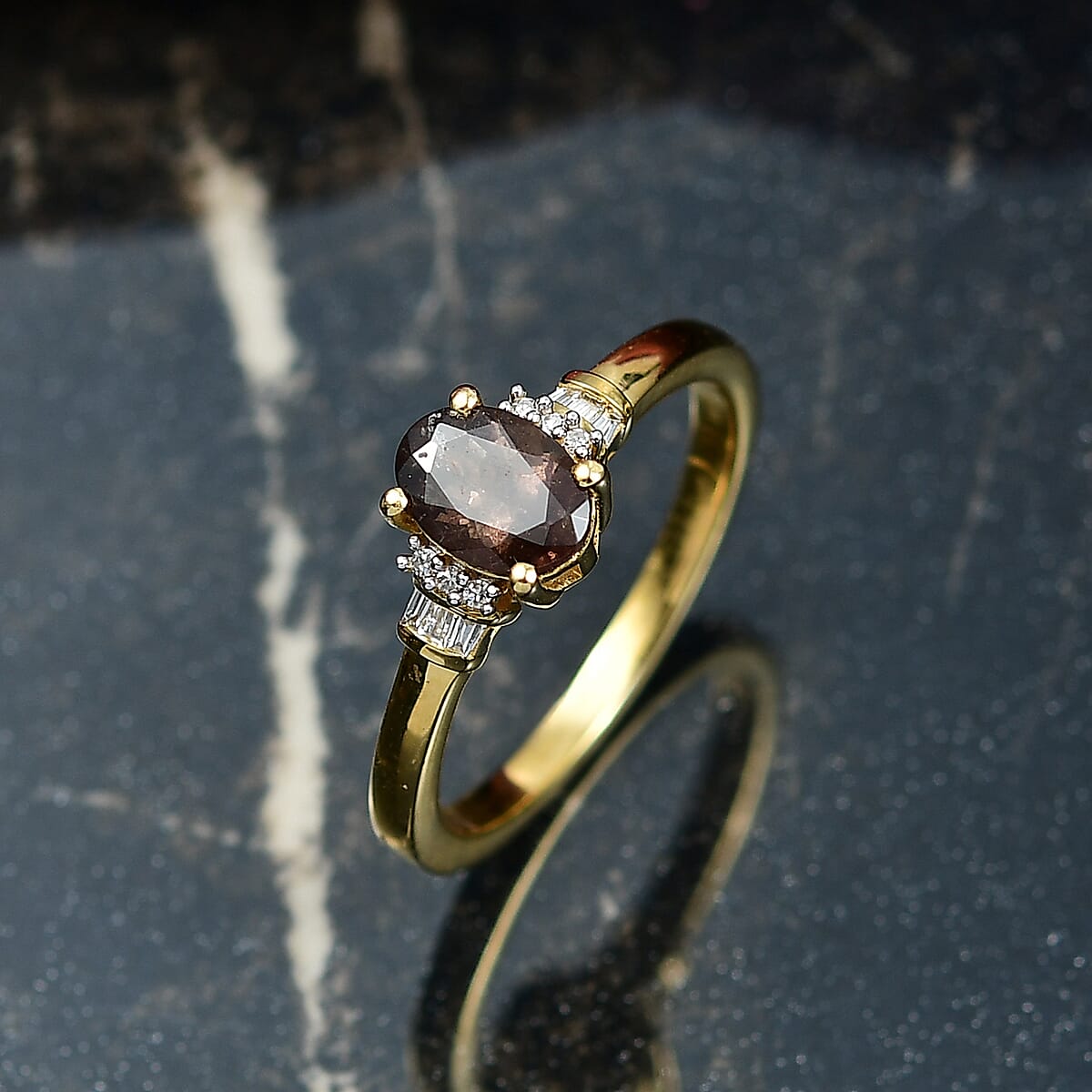 Premium Madagascar Color Change Garnet and Luxuriant Lab Grown Diamond 1.10 ctw GraceLine Ring in 18K Vermeil Yellow Gold Sterling Silver (Size 10.0) image number 1