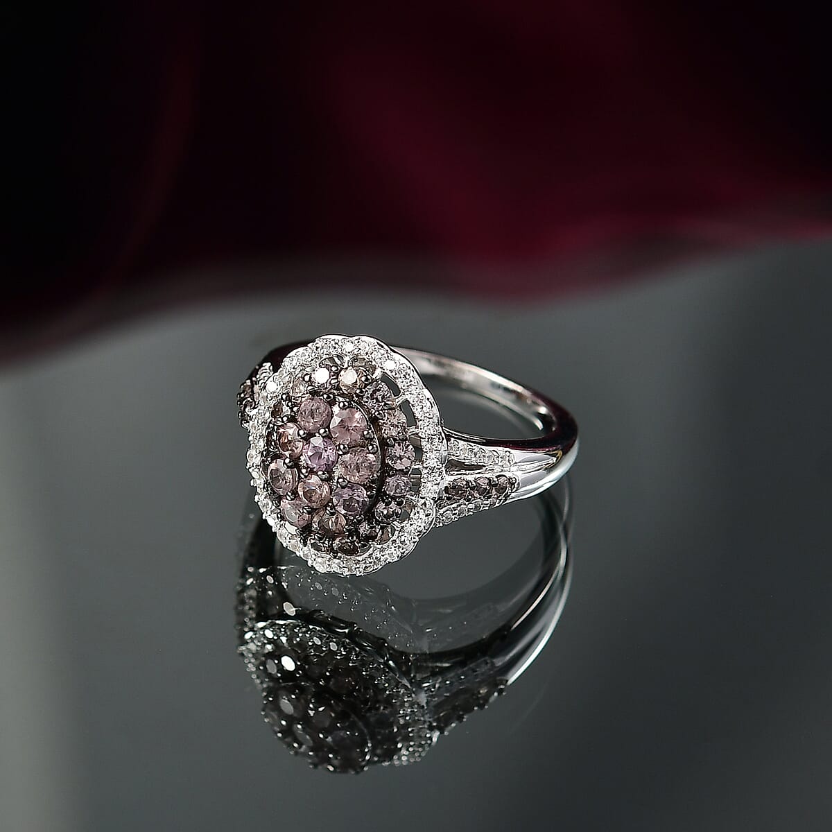 D'Joy Madagascar Color Change Garnet and White Zircon 1.85 ctw Solar Bloom Ring in Rhodium Over Sterling Silver (Size 8.0) image number 1