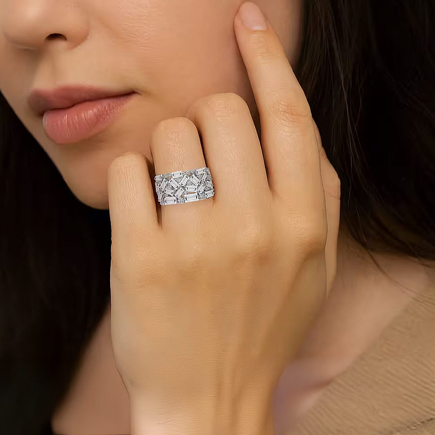 Luxuriant Lab Grown Diamond G-H SI 2.00 ctw Firecracker Ring in Rhodium Over Sterling Silver (Size 6.0)