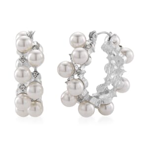 White Shell Pearl and Austrian Crystal Hoop Earrings in Silvertone