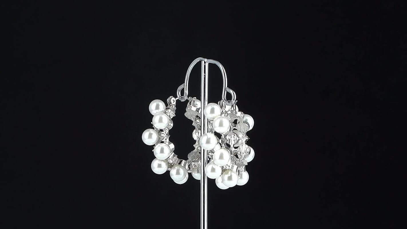 White Shell Pearl, Austrian Crystal Hoop Earrings in Silvertone