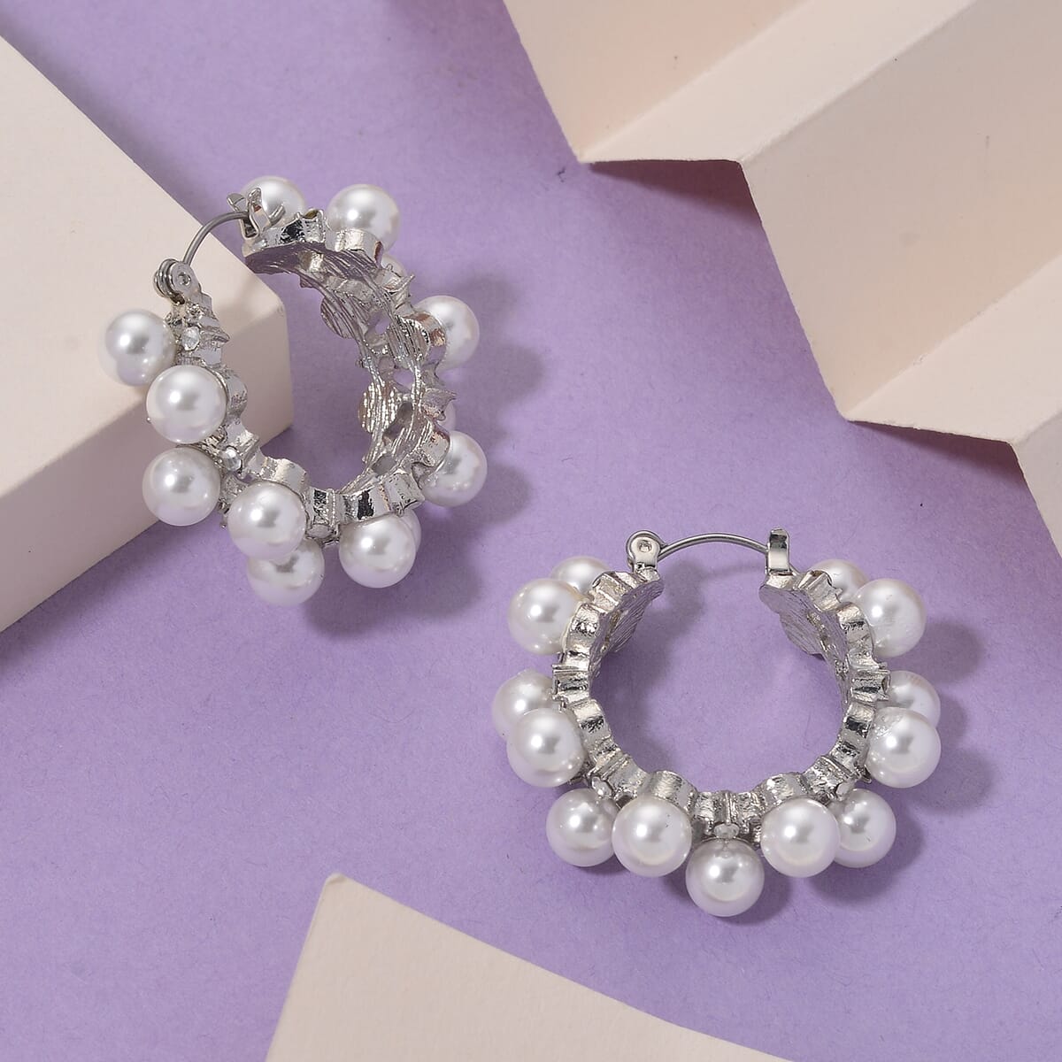 White Shell Pearl and Austrian Crystal Hoop Earrings in Silvertone image number 1