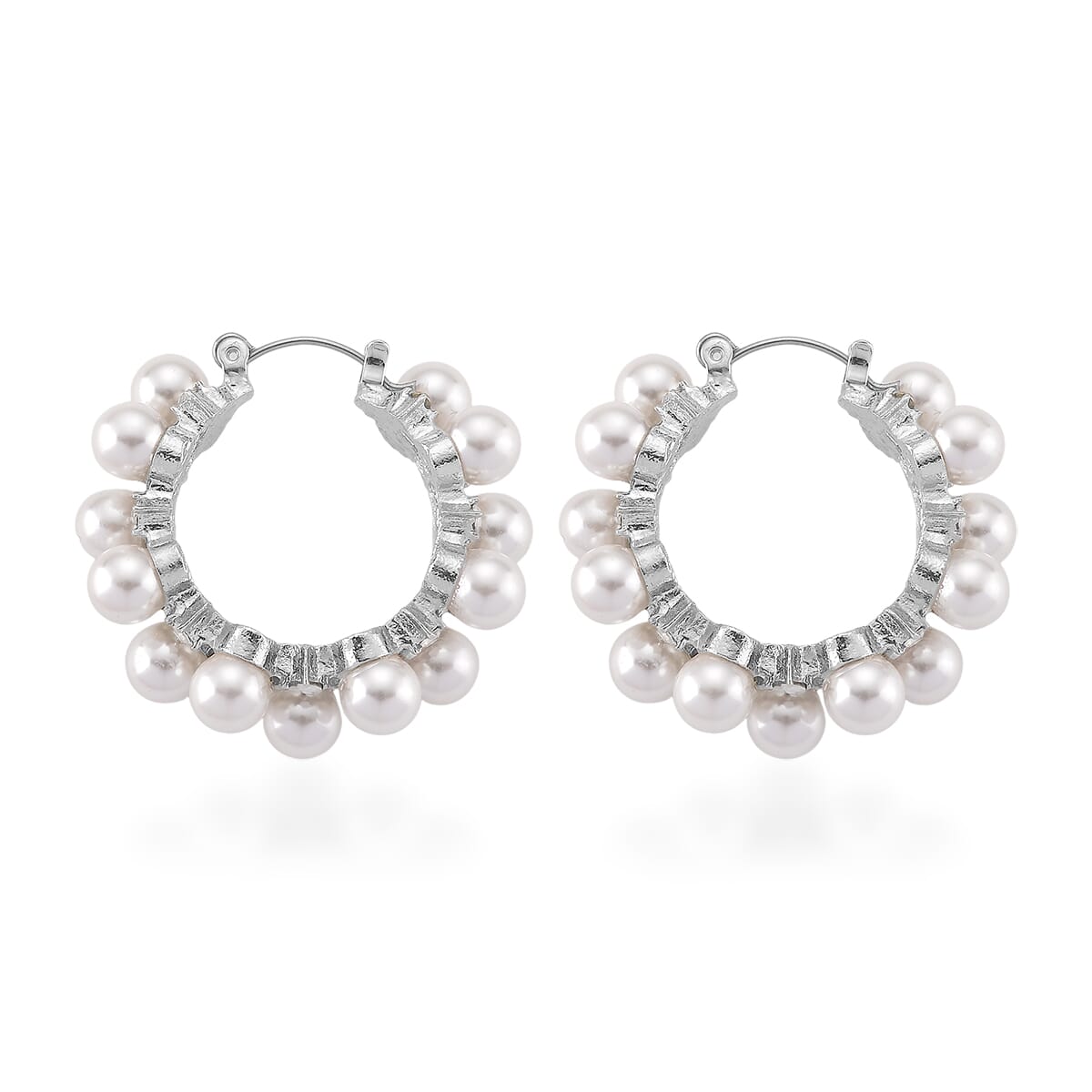 White Shell Pearl and Austrian Crystal Hoop Earrings in Silvertone image number 3