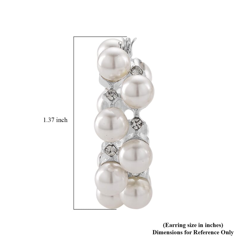 White Shell Pearl and Austrian Crystal Hoop Earrings in Silvertone