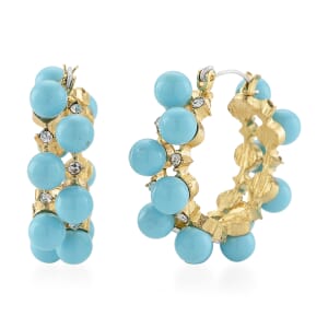 TLV Sleeping Beauty Color Shell Pearl and Austrian Crystal Hoop Earrings in Goldtone