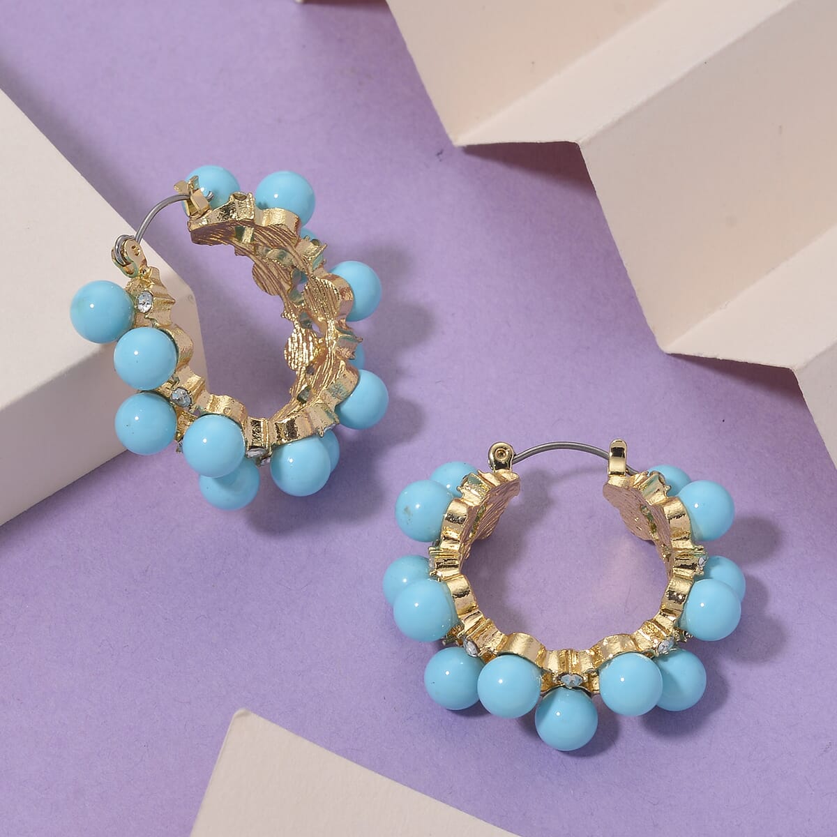 TLV Sleeping Beauty Color Shell Pearl and Austrian Crystal Hoop Earrings in Goldtone image number 1