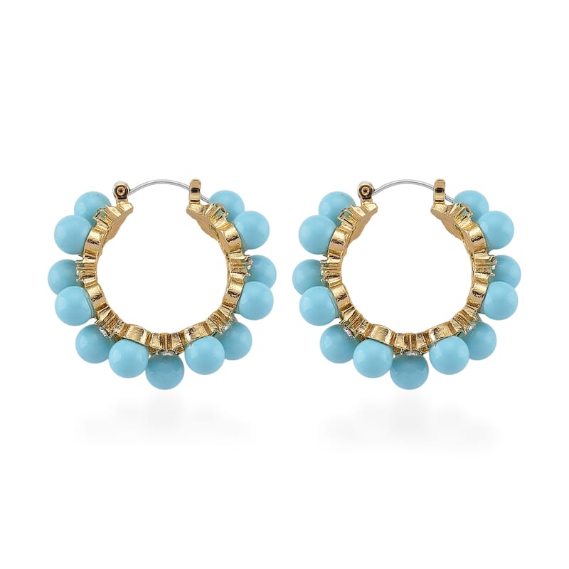 Sleeping Beauty Color Shell Pearl and Austrian Crystal Hoop Earrings in Goldtone