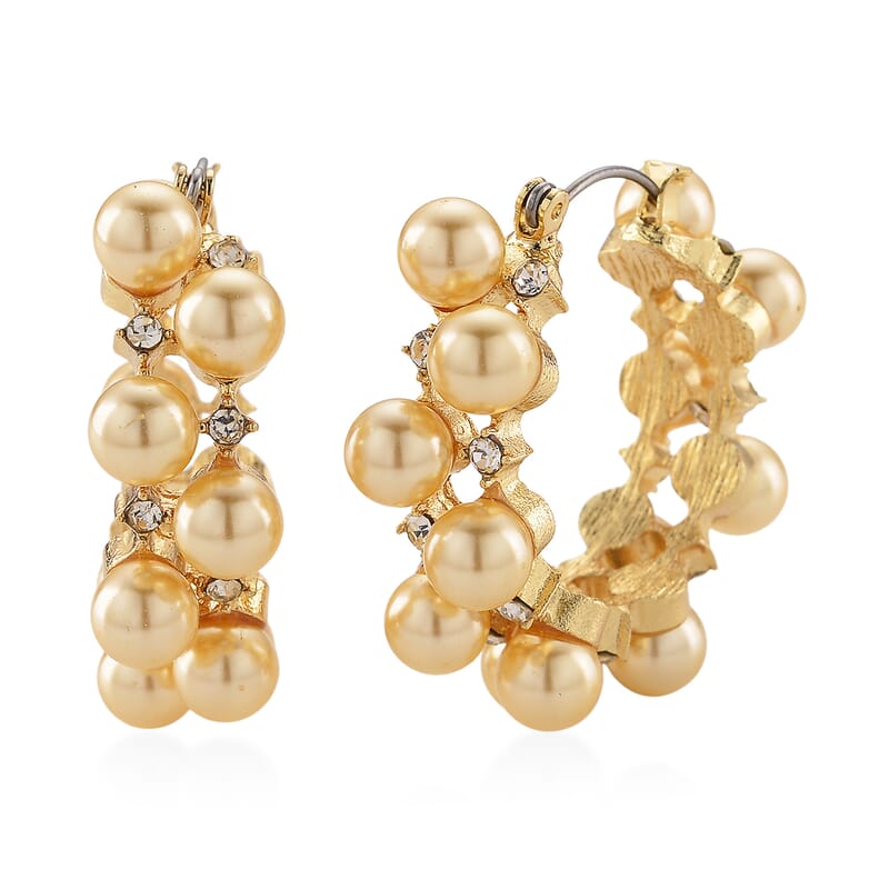 Golden Shell Pearl and Austrian Crystal Hoop Earrings in Goldtone