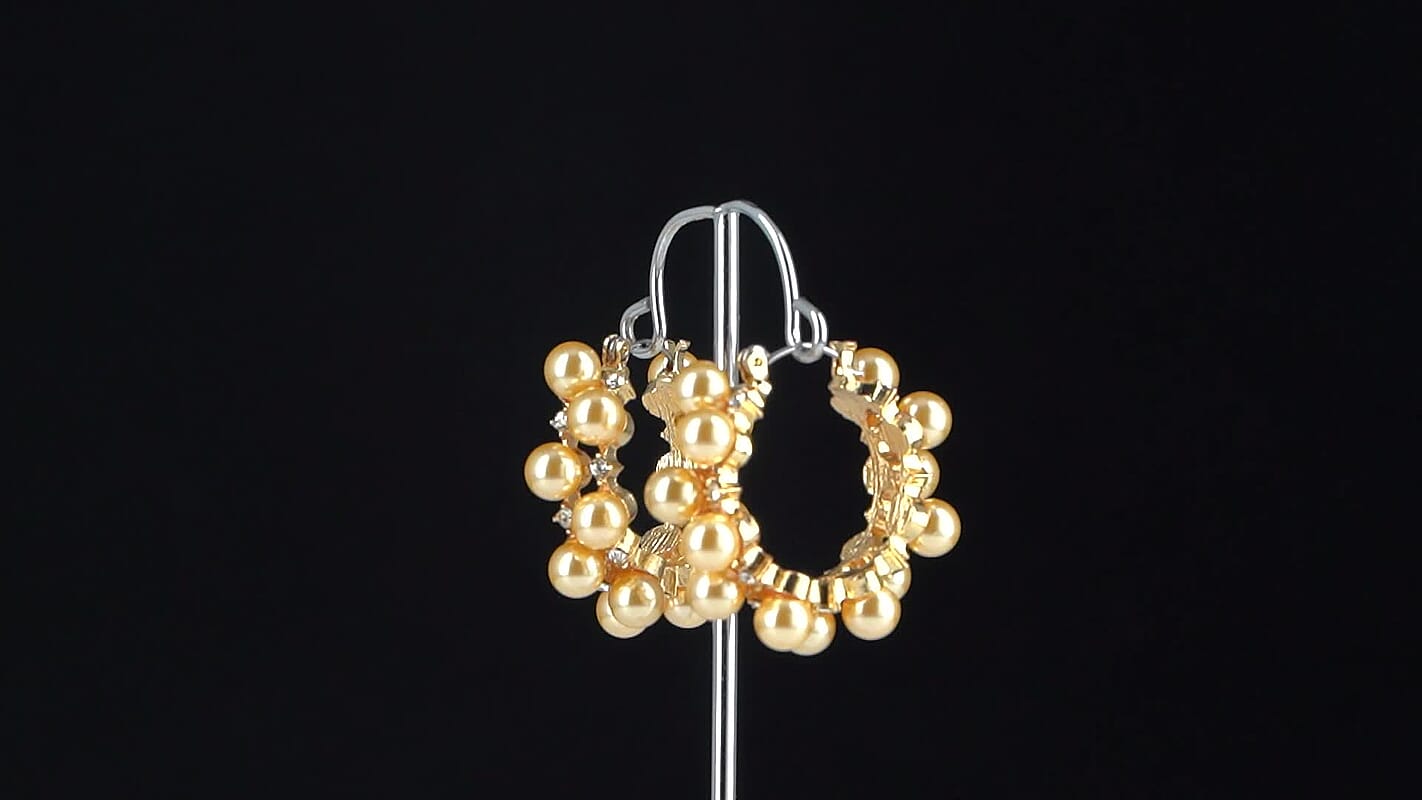 White Shell Pearl, Austrian Crystal Hoop Earrings in Silvertone