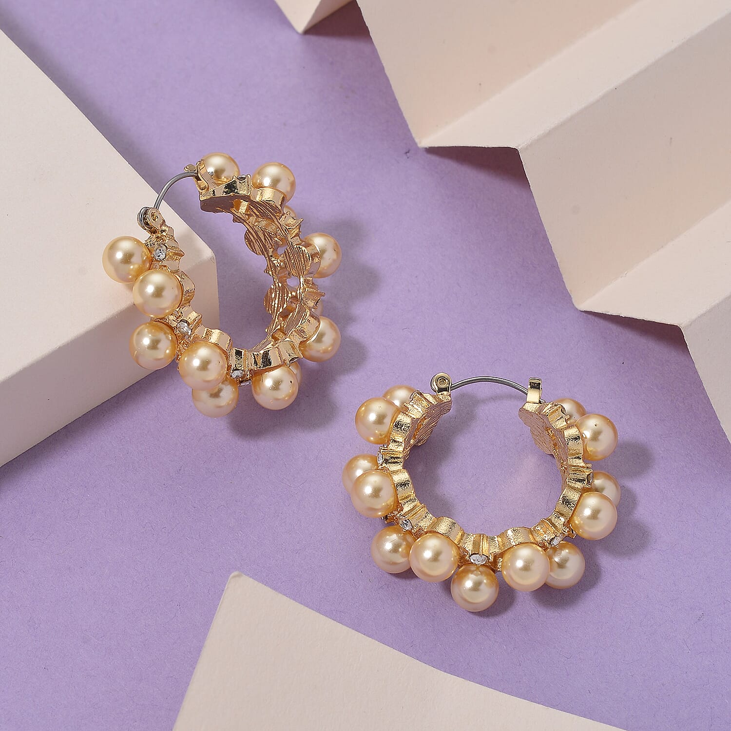 Golden Shell Pearl and Austrian Crystal Hoop Earrings in Goldtone