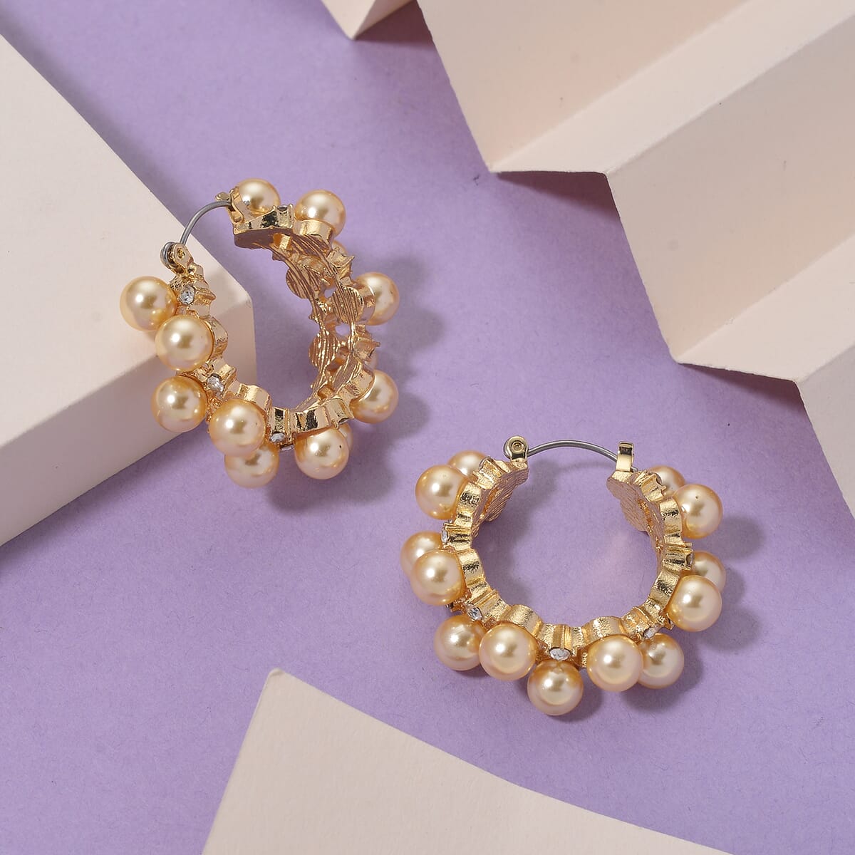 Golden Shell Pearl and Austrian Crystal Hoop Earrings in Goldtone image number 1