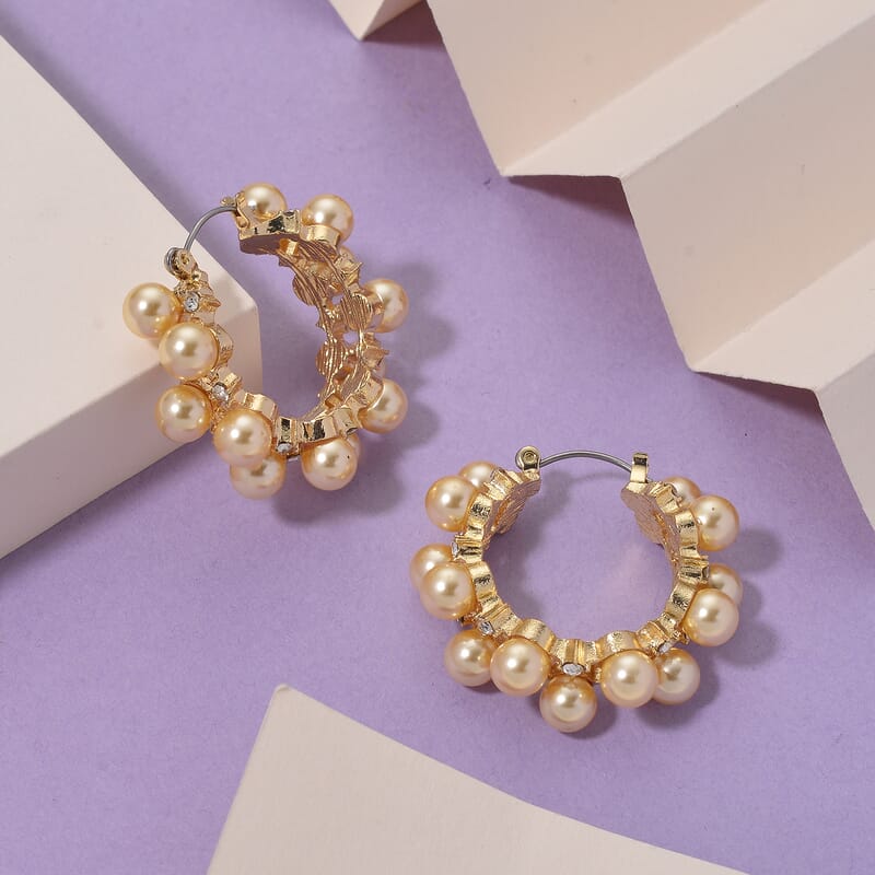 Golden Shell Pearl and Austrian Crystal Hoop Earrings in Goldtone