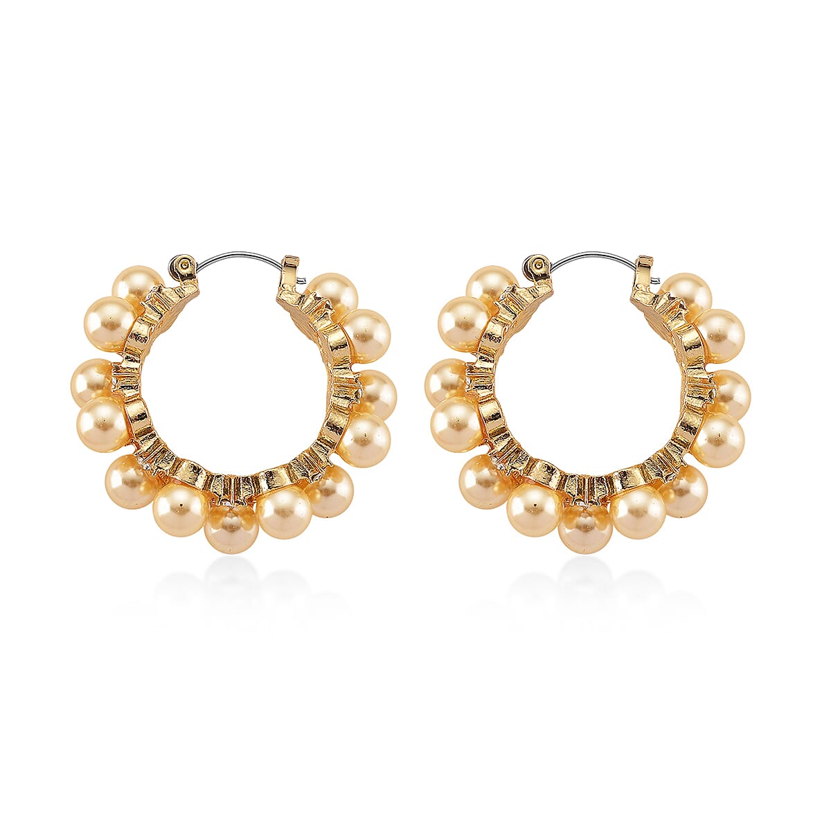 Golden Shell Pearl and Austrian Crystal Hoop Earrings in Goldtone