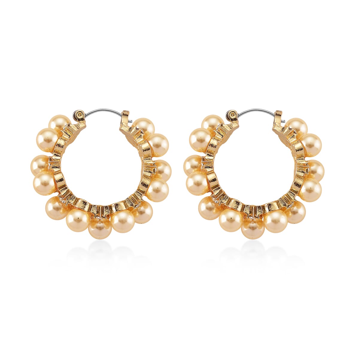 Golden Shell Pearl and Austrian Crystal Hoop Earrings in Goldtone image number 3