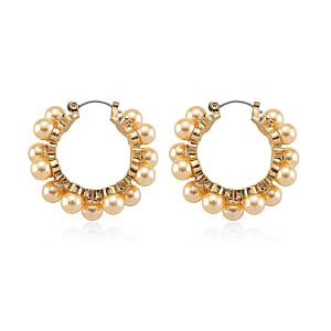 Golden Shell Pearl and Austrian Crystal Hoop Earrings in Goldtone