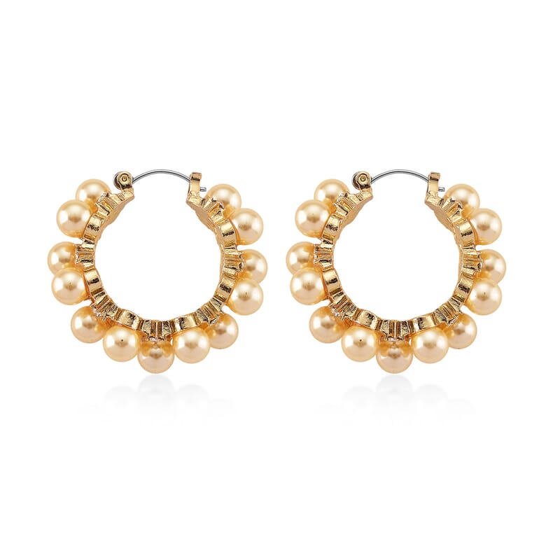 Golden Shell Pearl and Austrian Crystal Hoop Earrings in Goldtone