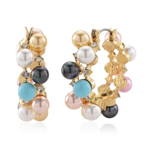 Multi Color Shell Pearl and Austrian Crystal Hoop Earrings in Goldtone